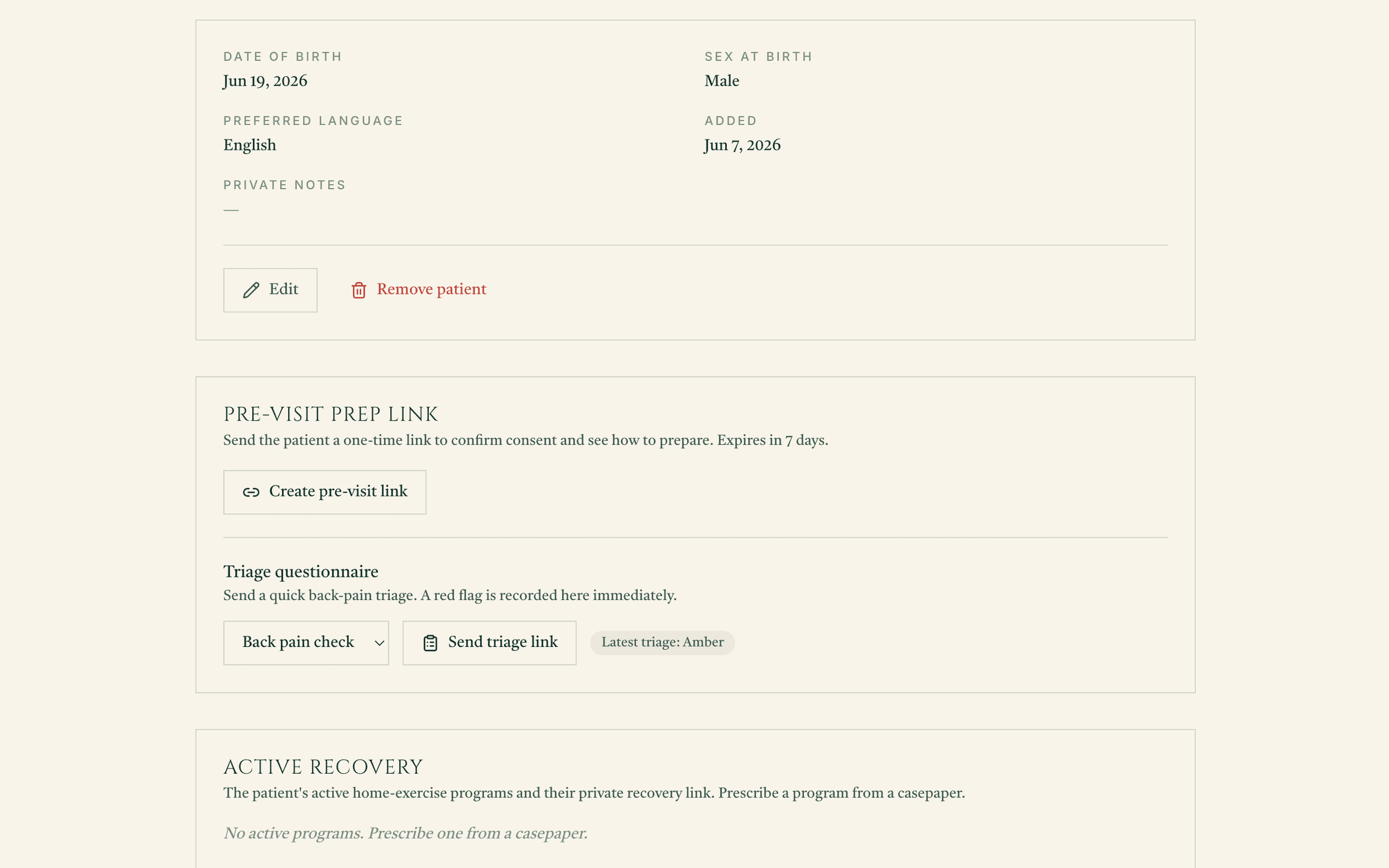 Arogyam patient record with a pre-visit link and triage result