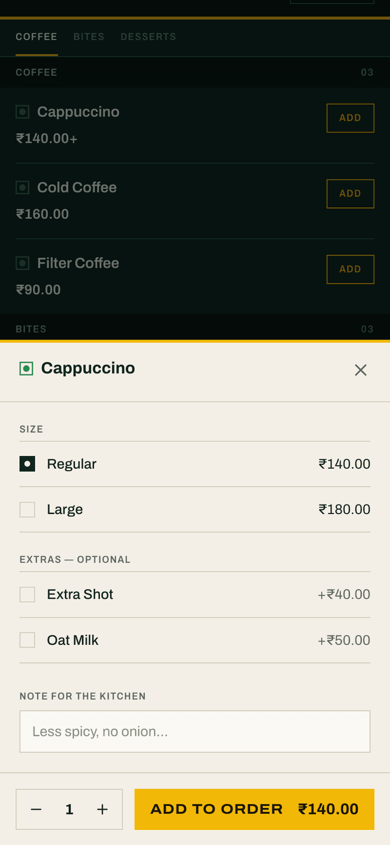 Ordio item options with sizes, extras and a kitchen note