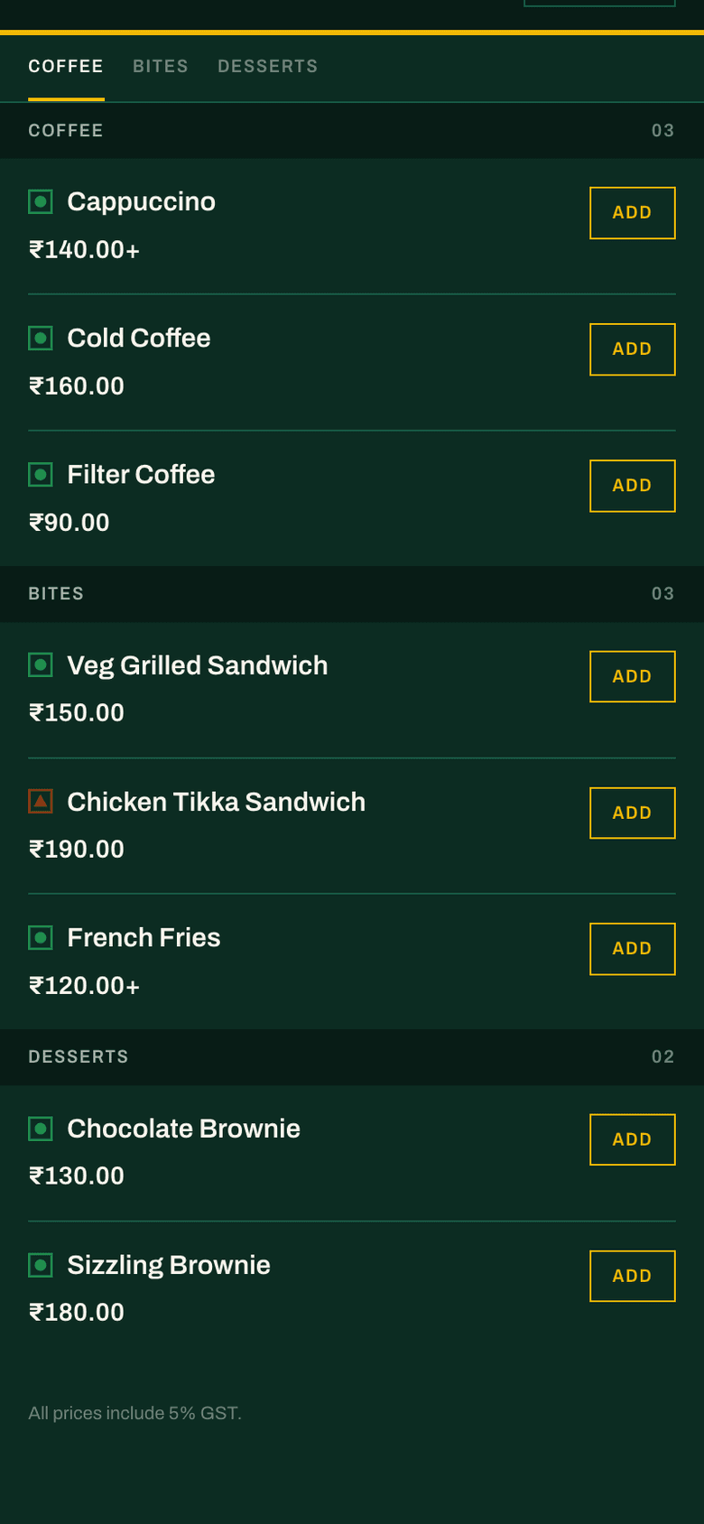 Ordio menu on a guest's phone