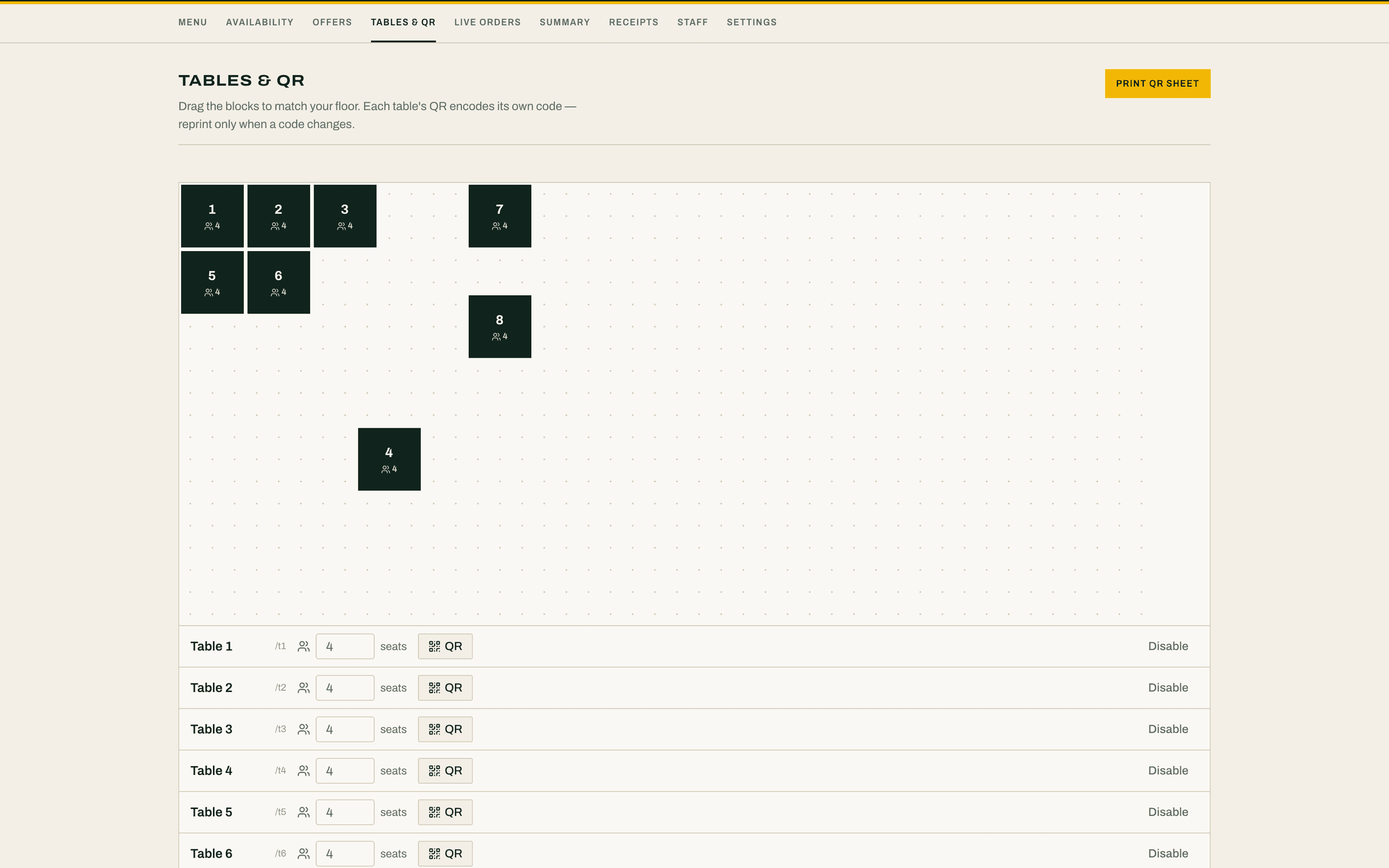Ordio floor plan with a QR code per table
