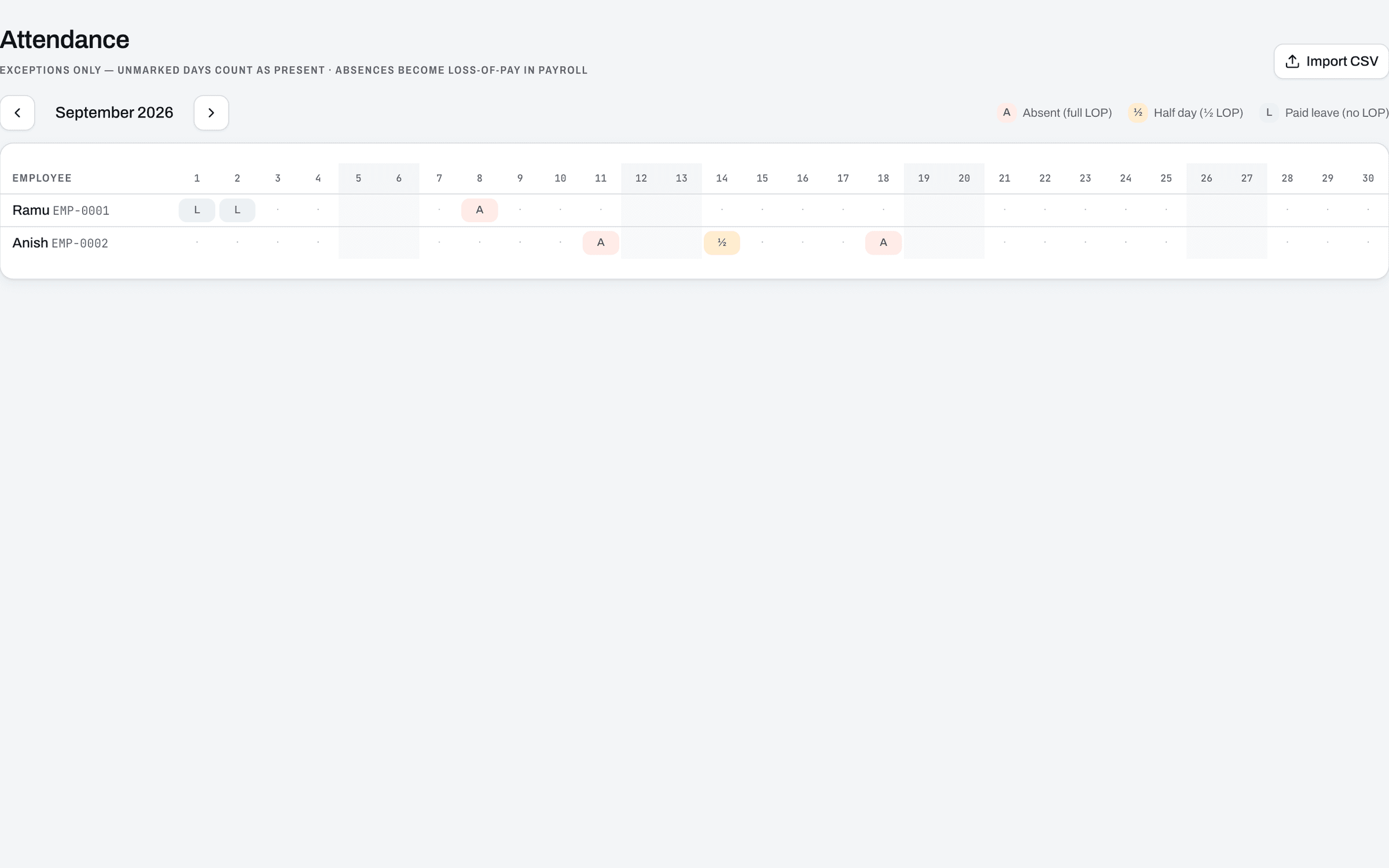 StreamLine attendance grid with absences and leave