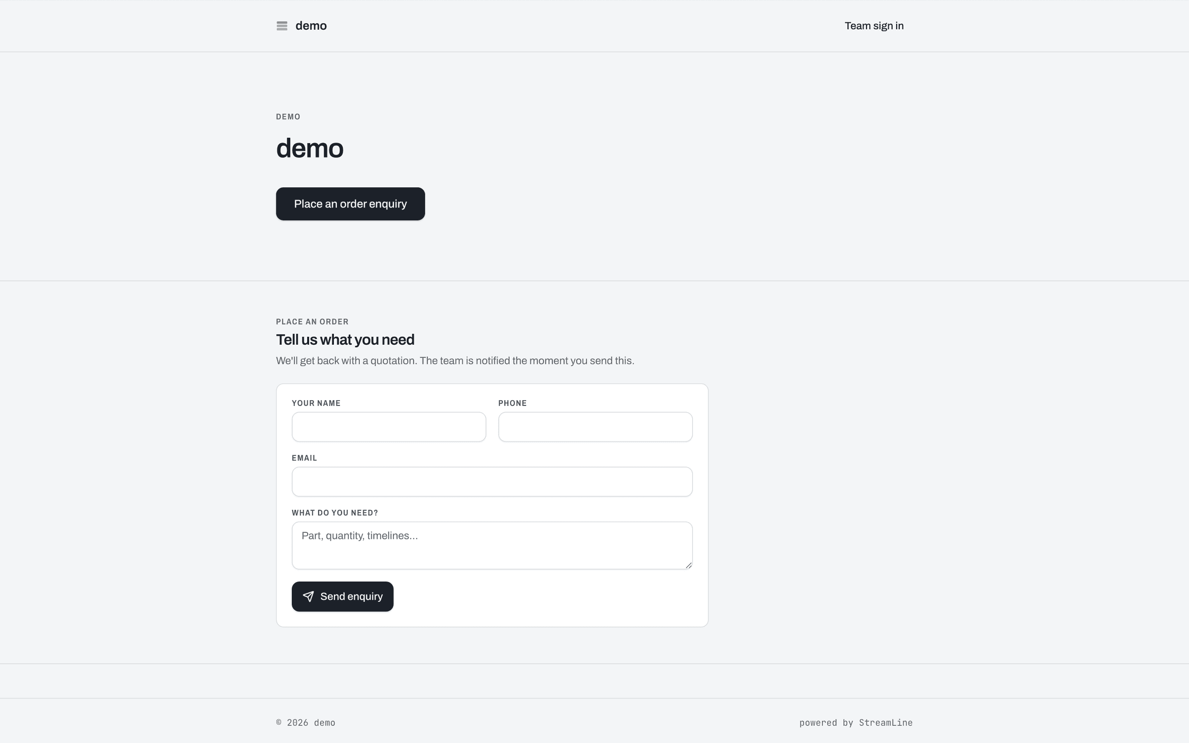 A StreamLine company public site with an order enquiry form